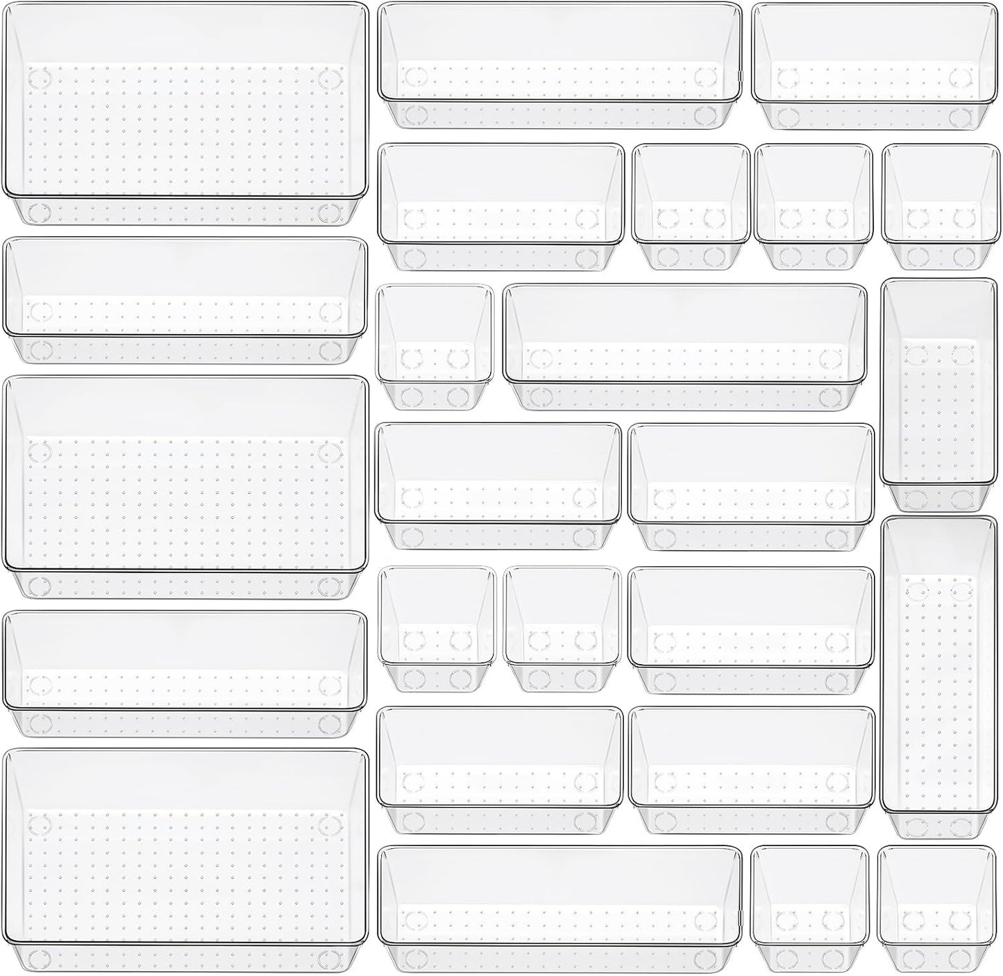 12 Piece Clear Drawer Organizer Set, 3 Sizes Bathroom Vanity Organizer Trays and Storage Bins for Makeup, Cosmetics, Jewelry, and Gadgets. Perfect for Office, Kitchen, Bedroom, Bathroom Use.