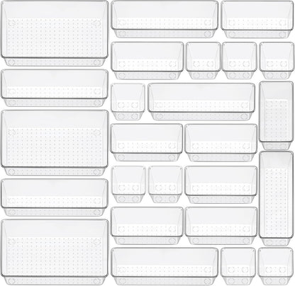12 Piece Clear Drawer Organizer Set, 3 Sizes Bathroom Vanity Organizer Trays and Storage Bins for Makeup, Cosmetics, Jewelry, and Gadgets. Perfect for Office, Kitchen, Bedroom, Bathroom Use.