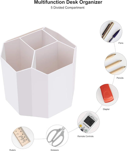 Siveit Desk Pencil Pen Holder, Rotating Pen Organizers 360-Degree 5 Grid Pen Holder for Desktop Storage Stationery Supplies Organizer, Home, Office, School, Kids, Peach Pink