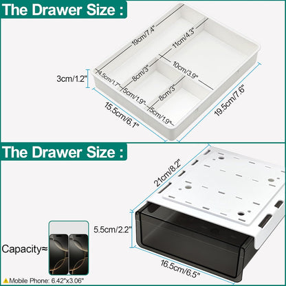 SVNNELP Under Desk Table Drawer Storage Organizer, Slide Out Drawer with 4 Compartments Divider,Pencil Storage Self-Adhesive Tray Under Table (M/Clear Black+White)