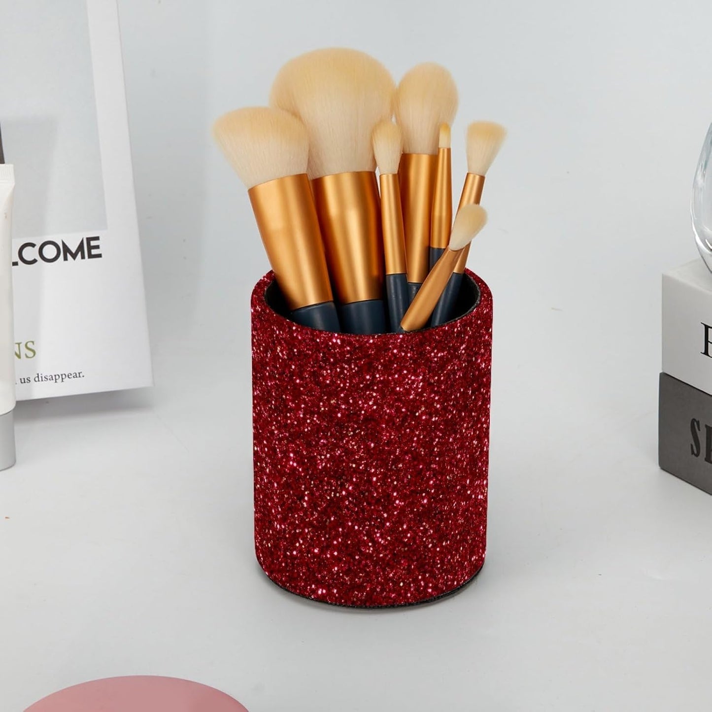 Leather Pen Holder for Desk, Love Cherry Pencil Organizer Pencil Cup Desk Decor Makeup Brush Holder Multifunctional Office Supplies for Home,Office, School