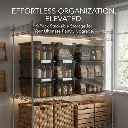 Stackable Plastic Black Storage Bins with Lids 6 Pack, 12 Quart Modular Organizer Boxes with Secure Latches for Closet, Pantry, Office and Small Item Storage