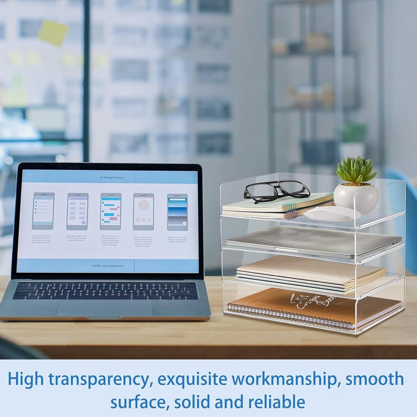 Harloon 4 Tier Paper Organizer Letter Tray Acrylic Desk File Organizer Heavy Duty Stackable Documents Clear Letter Paper Holder Sorter Office Tray for A4, Office Classroom Home File Pad Notebooks