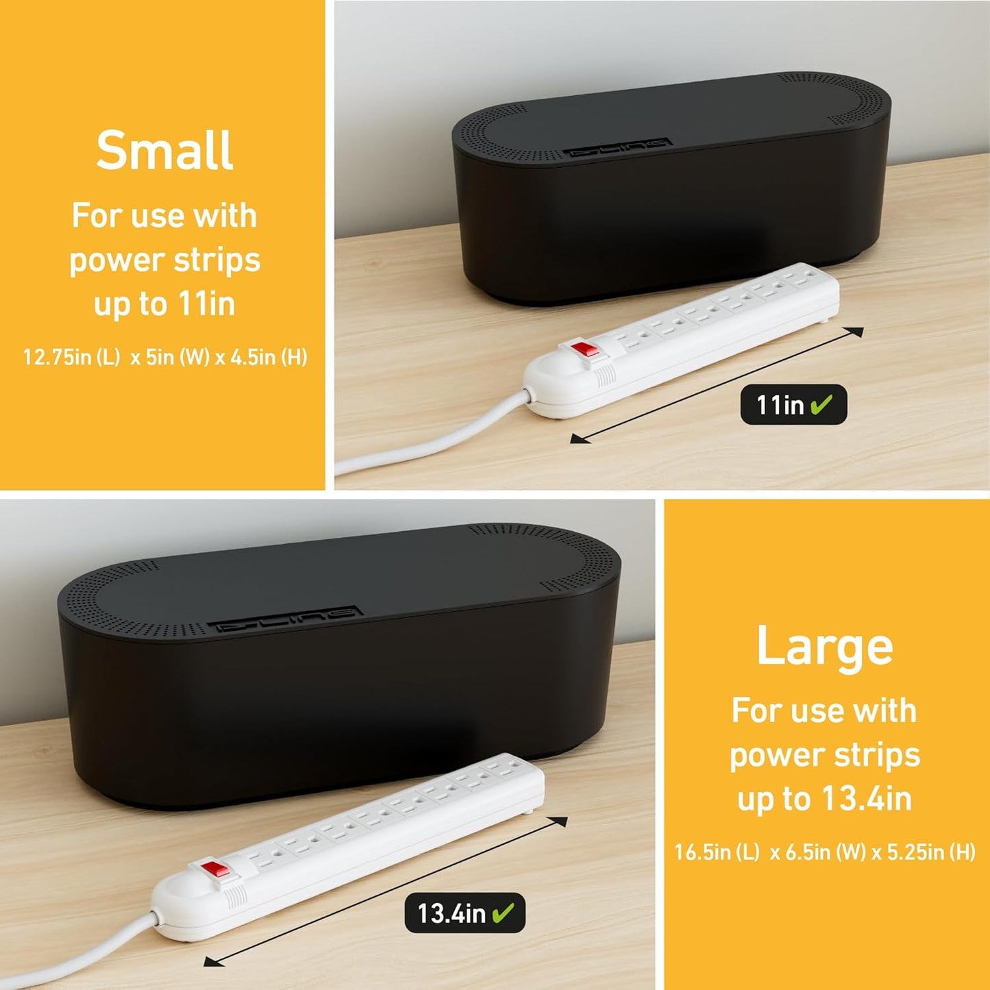 D-Line Cable Management Box, Power Strip Cover, Floor Outlet Hider, Desk Cord Organizer, Hide Extension Leads, 12.75" (L) x 5" (W) x 4.5" (H), for use with Power Strips up to 10.5in (L) - Small, Black