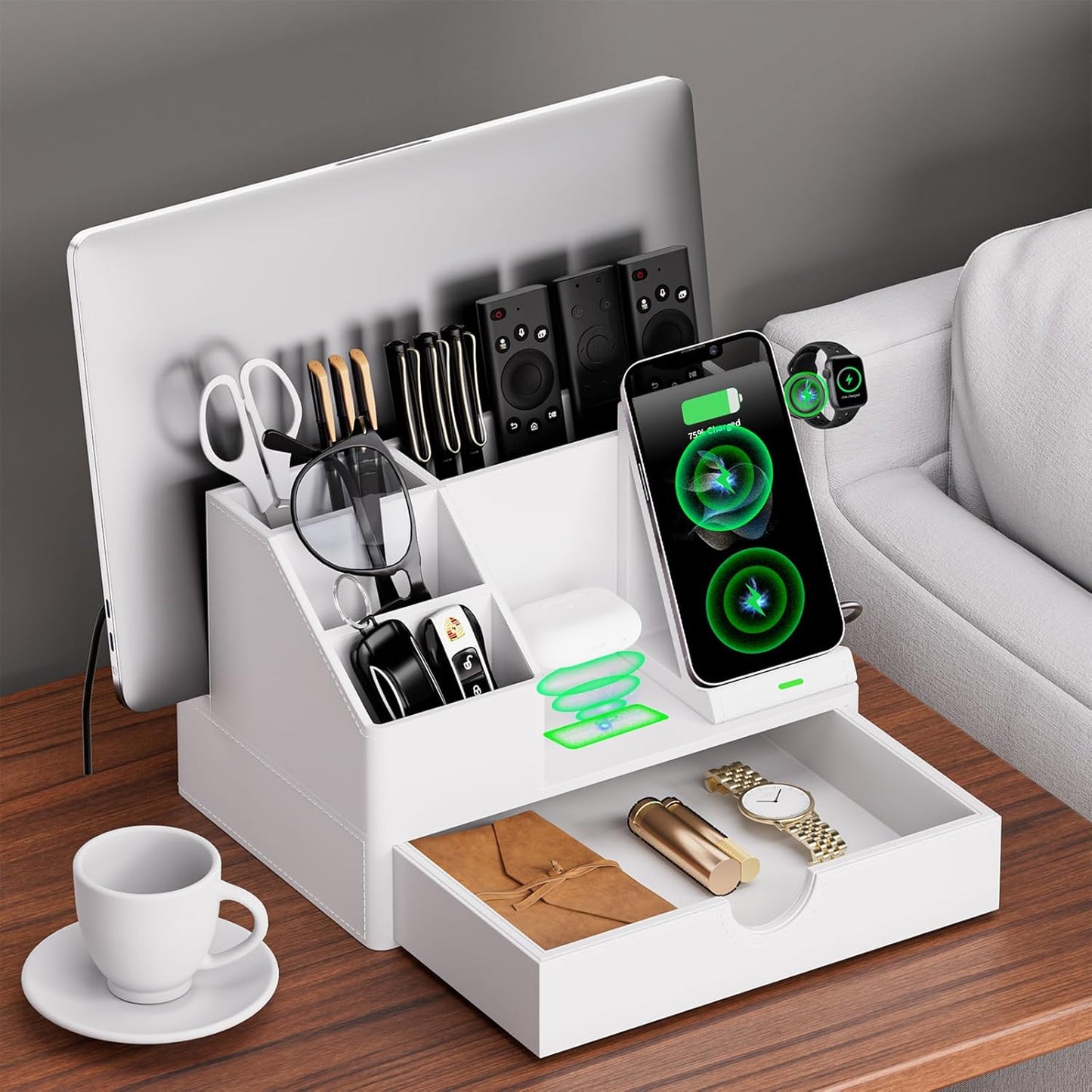 Black PU Leather Multi-Device Charging Station with Drawer - 6-in-1 Desktop Organizer for Phone, iPad, Tablet, Laptop, Watch, Headphones - Electronics Docking Hub & Storage Box for Office Home (Black)