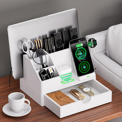 Black PU Leather Multi-Device Charging Station with Drawer - 6-in-1 Desktop Organizer for Phone, iPad, Tablet, Laptop, Watch, Headphones - Electronics Docking Hub & Storage Box for Office Home (Black)