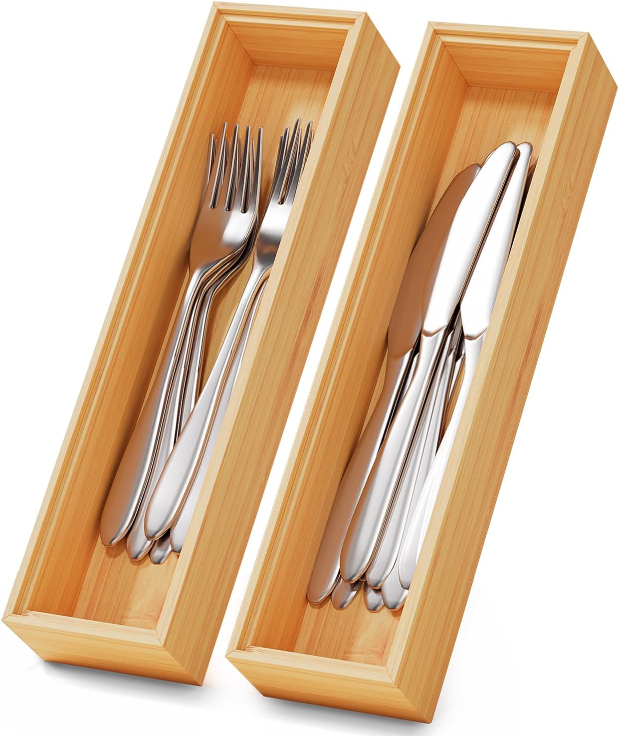 Bamboo Kitchen Drawer Organizer Set of 2, Stackable 15" x 6" Wood Silverware Utensil Tray for Drawers Bins, Cutlery & Flatware Storage – Wooden Boxes Organizers for Junk Drawer, Bathroom, RV