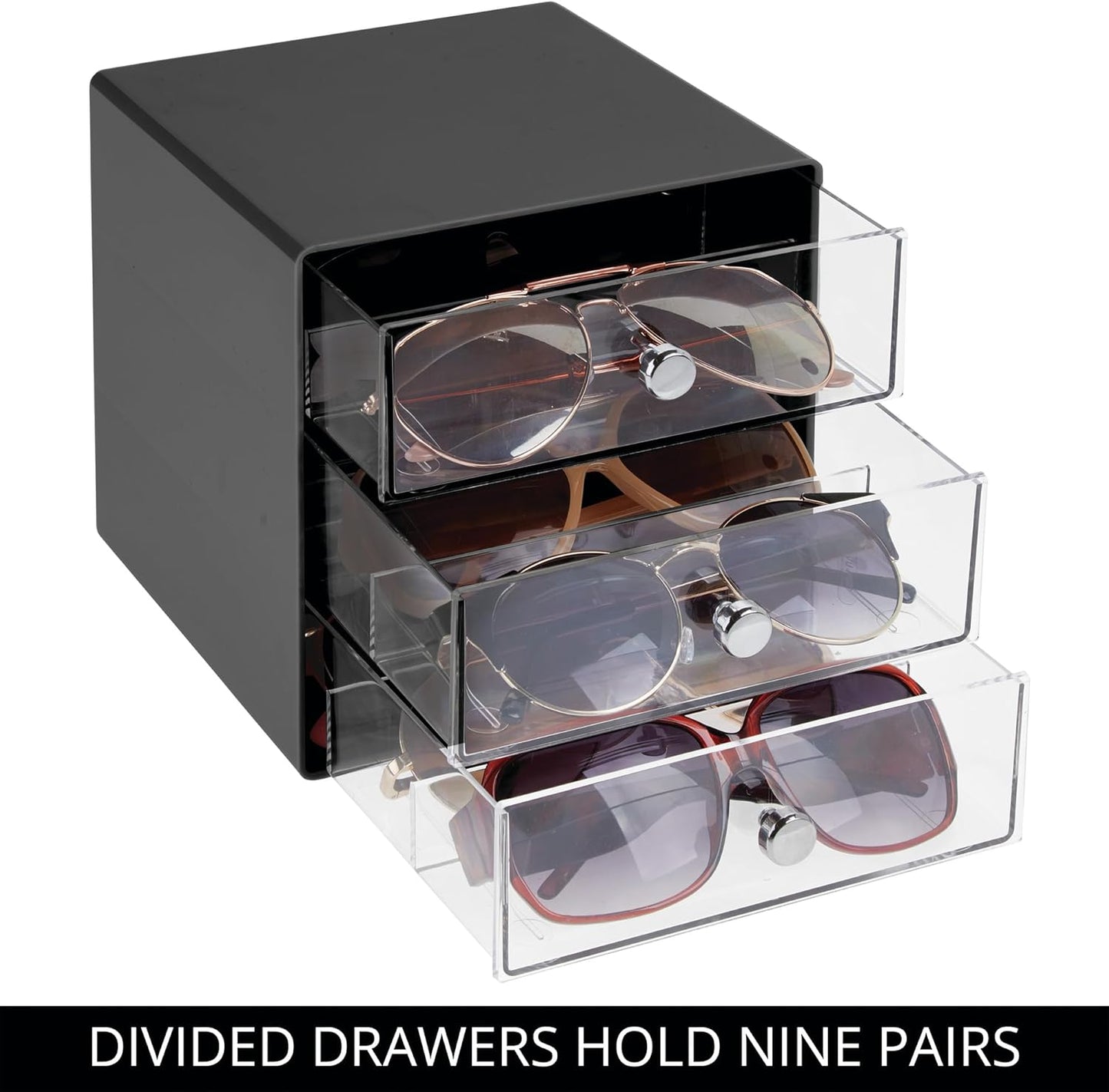 iDesign Divided 3-Drawer Stackable Organizer for Glasses, Sunglasses, and Readers - Black/Clear
