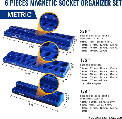 AIUITIO 6PCS Socket Organizer Tray Set, Red SAE & Black Metric Socket Storage Trays, 1/4-Inch, 3/8-Inch & 1/2-Inch Drive Deep and Shallow Socket Holders for Toolboxes