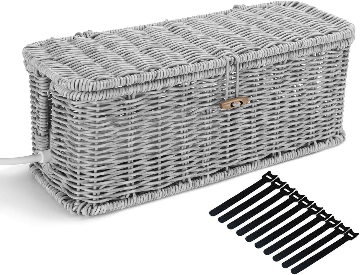 Cable Management Box, Desk Handwoven Rattan Cord Hider Cable Organizer Box With Lid Button Lock, Power Strip Cover Wicker Decorative Basket, Floor Wire Hiding Extension Cord Box (dark brown)