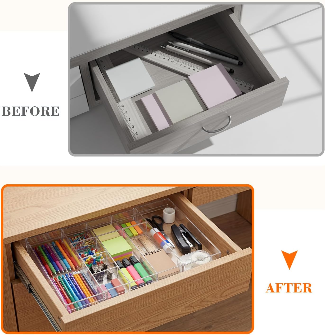 Briwooody 1 Pcs Acrylic Desk Drawer Organizer 9'' up to 16'' x 12'' x 2.2'' Expandable Drawer Organizer Trays with 10 Adjustable Compartments Clear Desk Accessories for Makeup Office Bathroom
