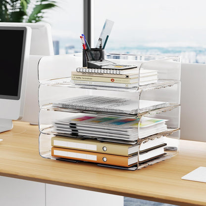 Tomorotec Desk Letter Tray Set, A4 Size Clear PET Stackable Document Organizer Office Desktop File Paper Holder Book Storage Rack Side Load Anti-Skid Stacking Support Convex Bottom (2X Landscape)