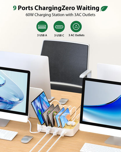 Bamboo USB-C Charging Station for Multiple Devices,60W 6 Port Charing Dock with 3 AC Outlets, 3 USB C, 3 USB A,6.6ft Power Cord for lPhone,lPad,Tablets (6 Mixed Cables Included),White