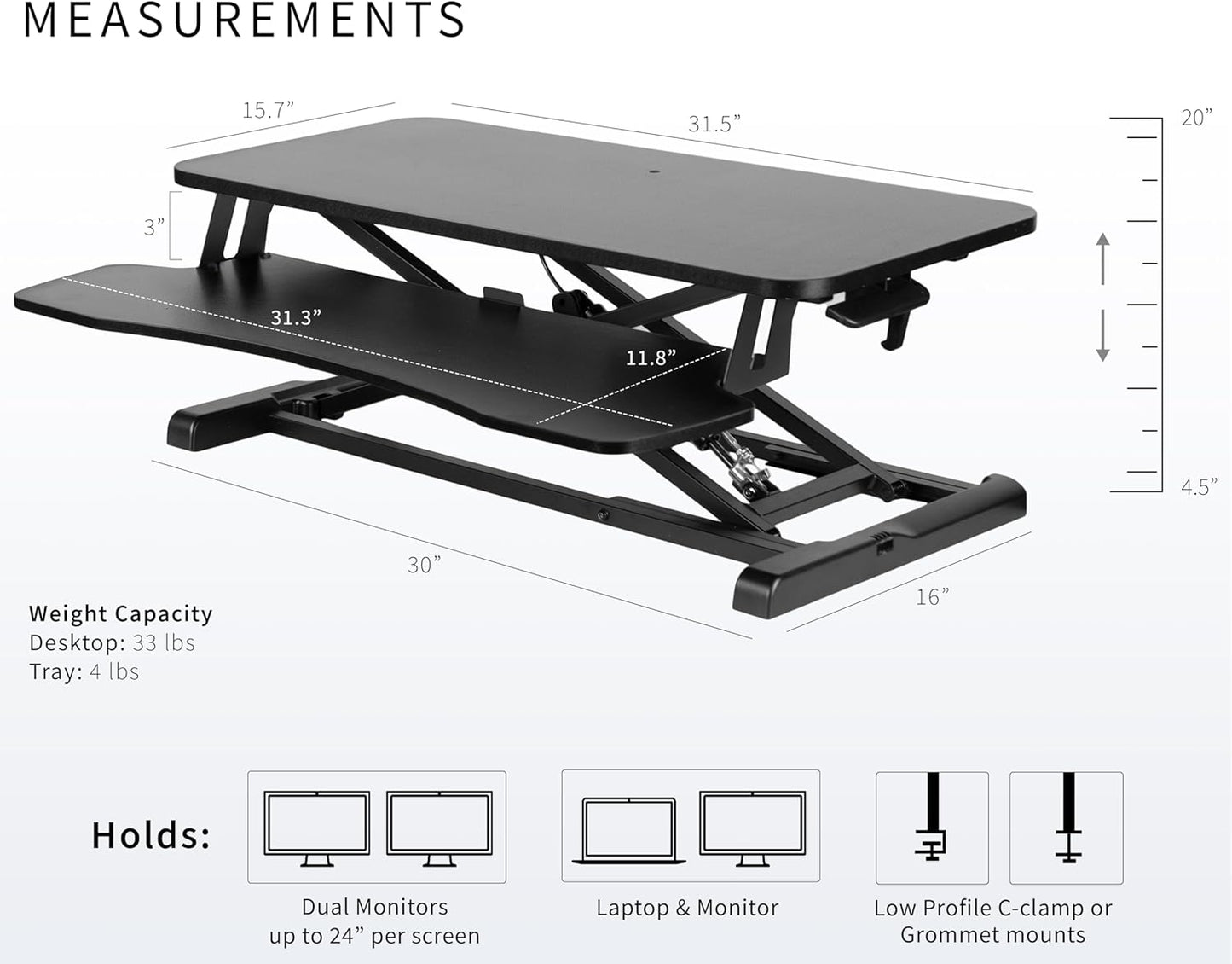 VIVO 26 inch Desk Converter, K Series, Height Adjustable Sit to Stand Riser, Dual Monitor and Laptop Workstation with Keyboard Tray, Black, DESK-V026KB