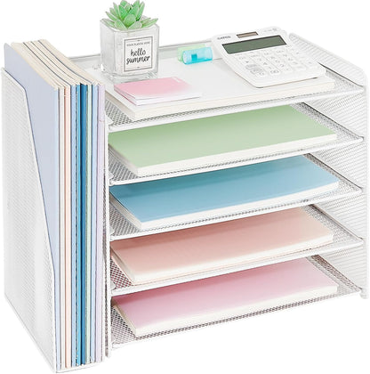 OPNICE Desk Organizer, 5-Tier Paper Organizer Letter Tray with Magazine Holder, Office Desk Accessories & Workspace Organizers, Desktop File Organizer for Office Supplies Storage, Black