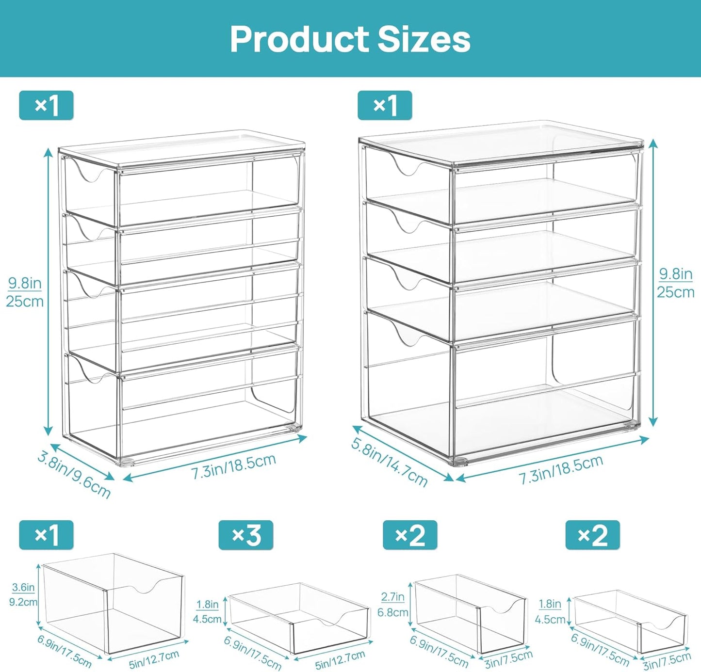 Vtopmart Acrylic Organizer with 16 Drawers (4 Set),Clear Storage Drawers for Office Supplies,Desk Organization and Storage for Makeup,Jewelry,Art Crafts