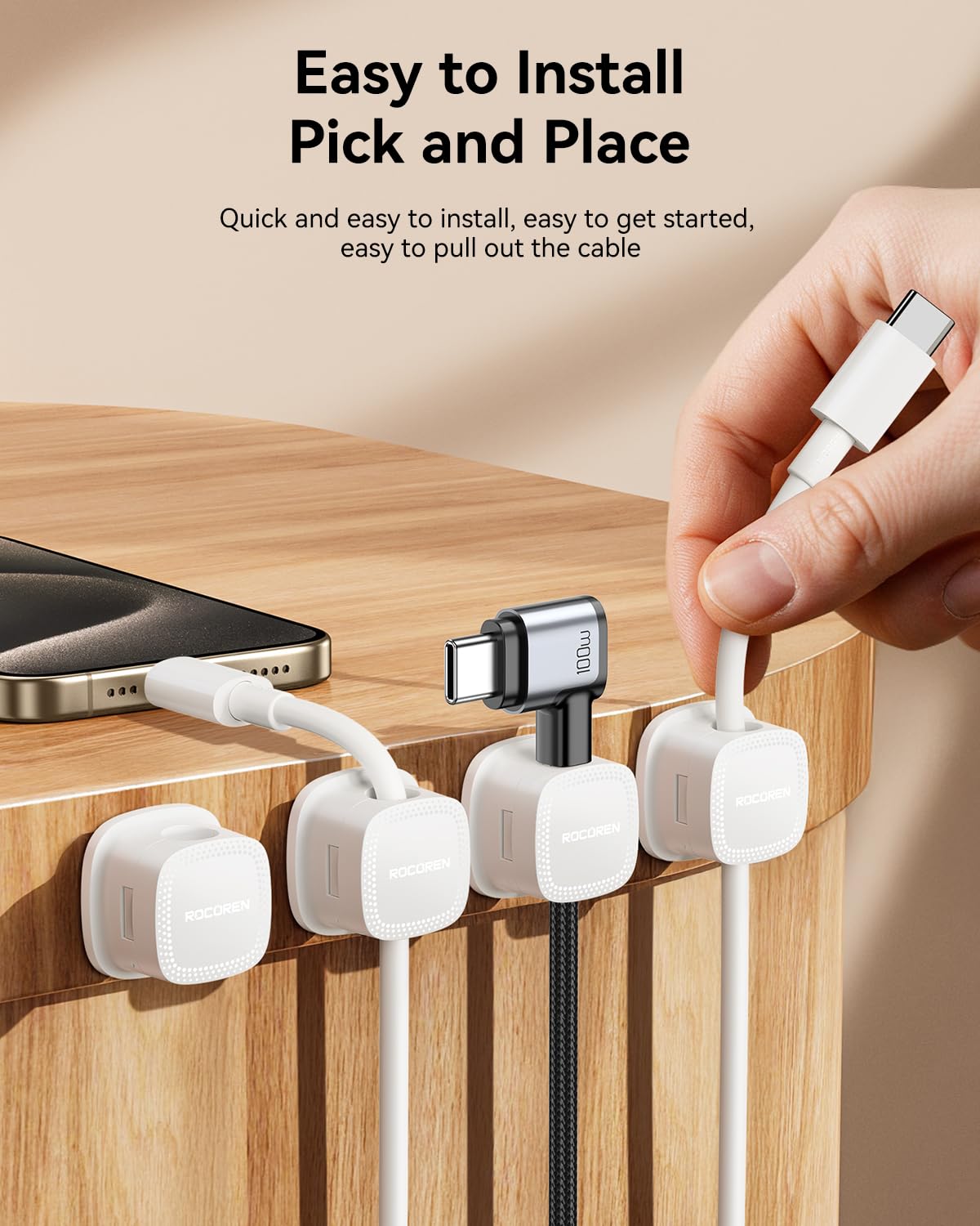 6-Pack Magnetic Cable Clips, Rocoren Smooth Adjustable Adhesive Cord Organizer, Desk Cable Management Wire Holder Keeper Cables Staples for Nightstand Home Office Desk Car Phone Wall Desktop