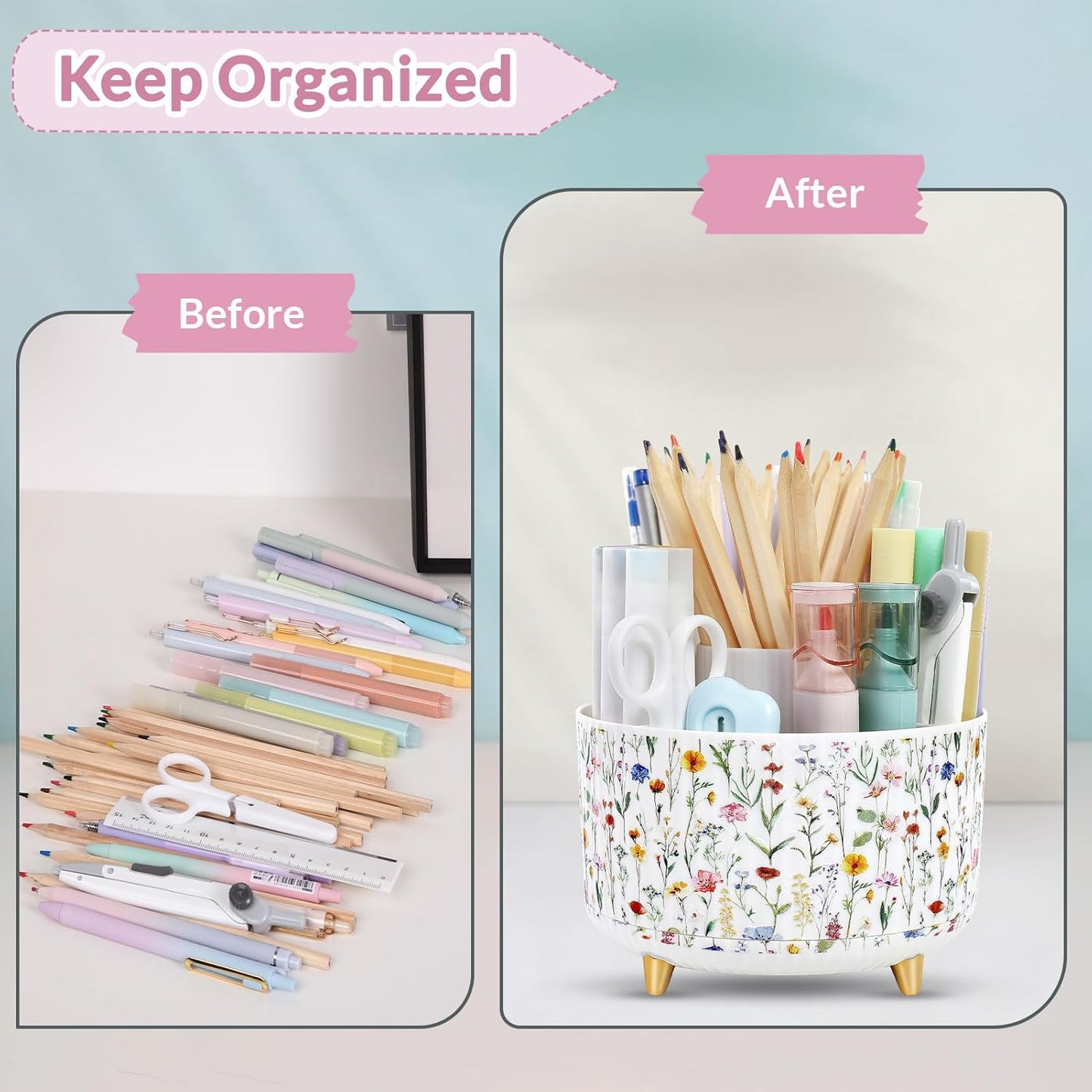 SKYDUE 360 Rotating Purple Pen & Art Supply Organizer - 5 Slot Desk Organizer for Office, School, Home