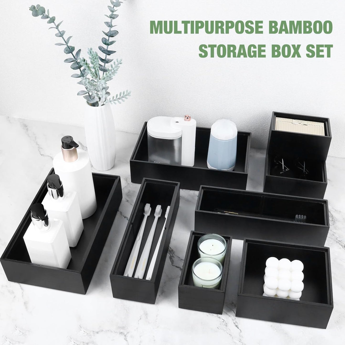 Bamboo Drawer Organizer,5 PCS White Bathroom Tray&Desk Organizers and Storage,Cabinet Divider With Removable Silverware Organization for Kitchen,Utensils,Junk,Office,Makeup