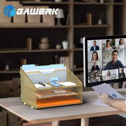 GAWERK Letter Tray Organizer, Mesh Desk File Organizer with 3 Paper Trays and 2 Vertical Upright Section, Blank
