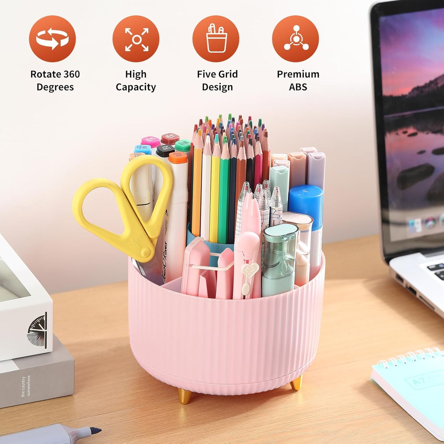 Desk Pencil Pen Holder, 5 Slots 360°Degree Rotating Pen Organizers for Desk, Desktop Storage Stationery Supplies Organizer, Cute Pencil Cup Pot for Office, School, Home, Art Supply, Dark Green