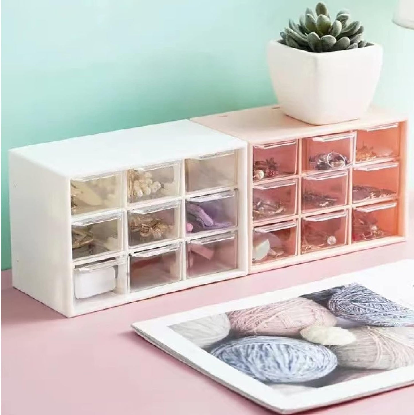 Feadily 4PCS Small Drawer Organizer for Desk, Desktop Drawer Organizer with 9 Clear Drawers, Plastic Desktop Storage Drawers 7.1 Inch x 3 .9 Inch x 4.7 Inch, White