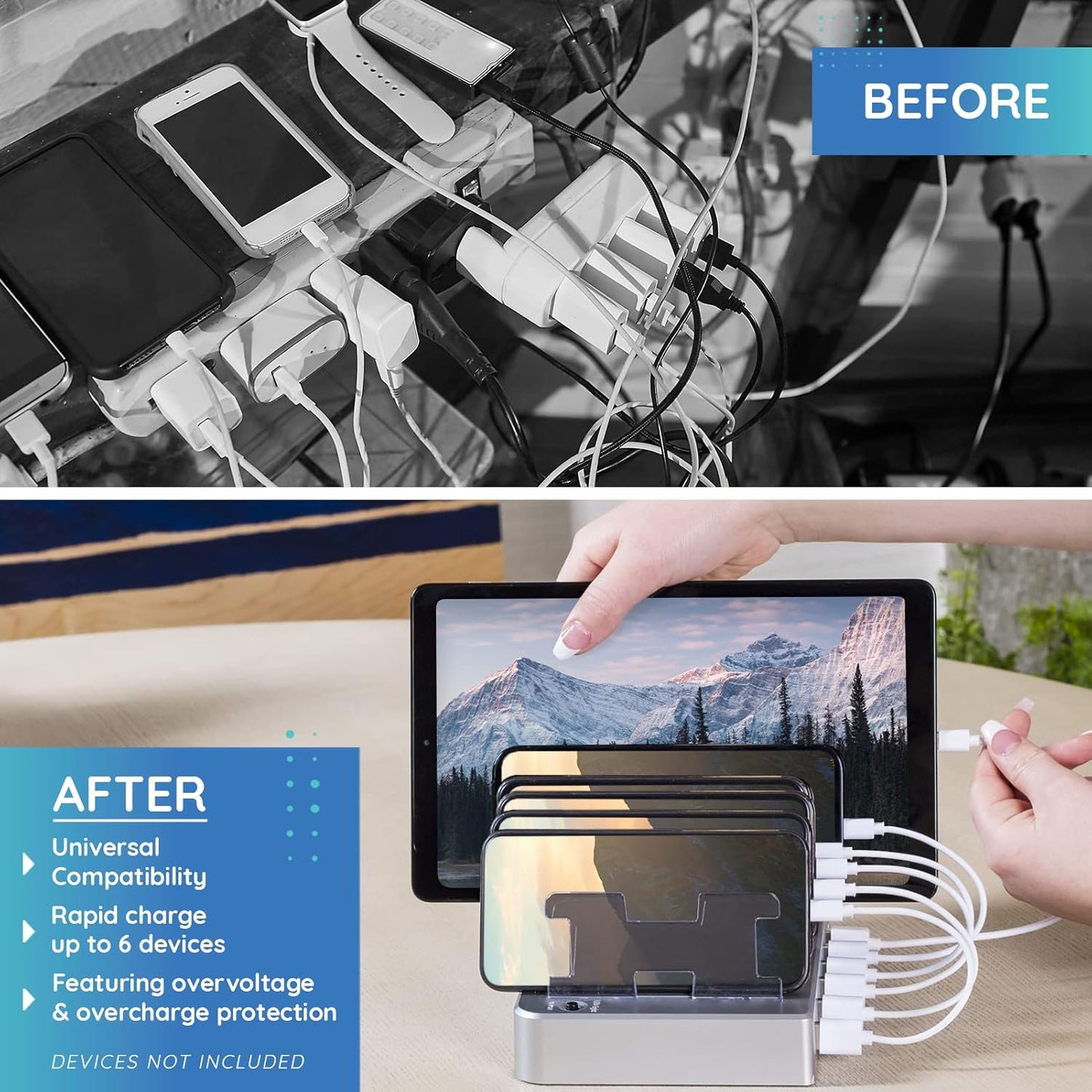 Charging Station for Multiple Devices – 6-Port USB Charging Dock for Apple & Android – Fast Multi-Charger Organizer for Phones, Tablets & More – Universal Desktop Charging Hub with Smart IC Tech