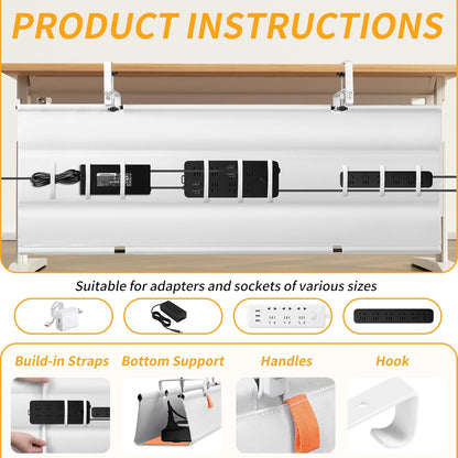 Under Desk Cable Management Tray with Clamp, No Drill 36" Cord Organizer for Desk, Desk Cable Management Fabric Tray for Standing Desks, Ideal for Home & Office - White