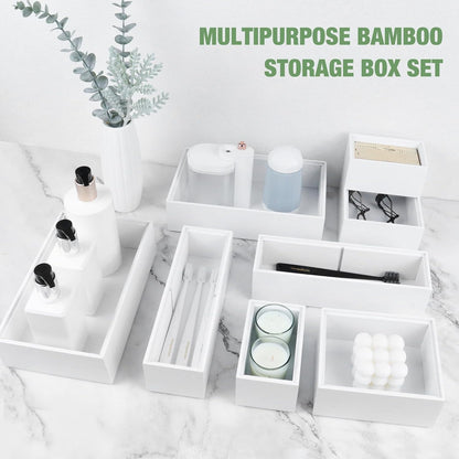 Bamboo Drawer Organizer,5 PCS White Bathroom Tray&Desk Organizers and Storage,Cabinet Divider With Removable Silverware Organization for Kitchen,Utensils,Junk,Office,Makeup