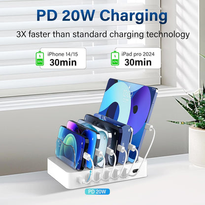 Charging Station for Multiple Devices 68W 6 Port Phone Charger Dock with 6 Cables, 20W Black Fast Charging Station Compatible with Apple Cellphone iPad iPhone Tablet(Black)