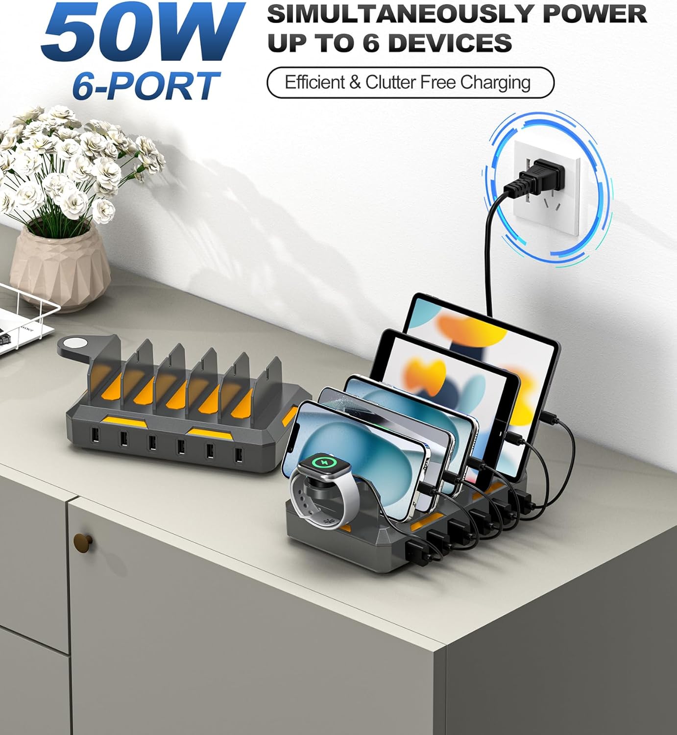 Charging Station for Multiple Devices, Honcila 6 in 1 Multi Charger Station Charging Dock for Cellphone Tablet iPhone iPad and More - 50W Charging Station Organizer with 6 Mixed Charging Cables