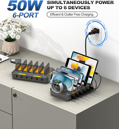 Charging Station for Multiple Devices, Honcila 6 in 1 Multi Charger Station Charging Dock for Cellphone Tablet iPhone iPad and More - 50W Charging Station Organizer with 6 Mixed Charging Cables