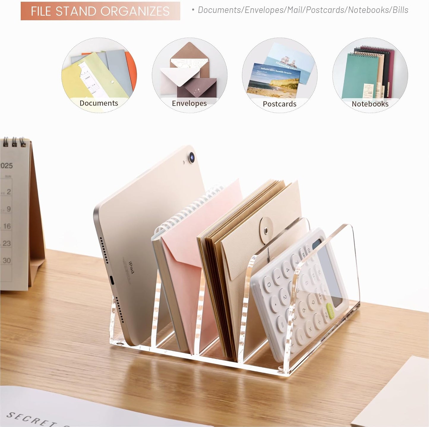 YUXUN Desk File Organizer,5-Section Vertical Clear Acrylic Desk Organizer File Holder Mail Sorter Office Organization for Office Home &Classroom（B5）