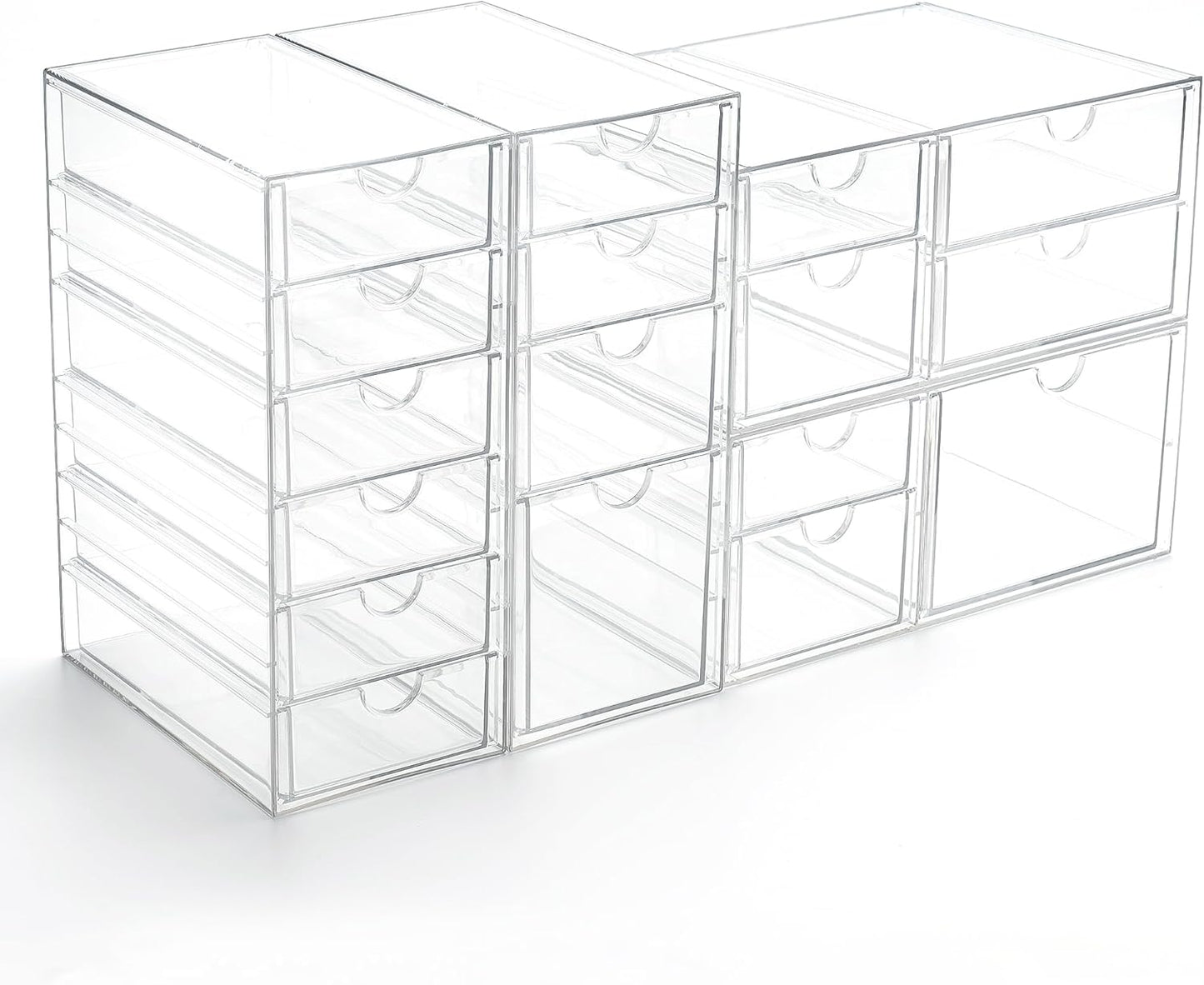 Prsildan Acrylic Makeup Organizer, 2 Pack Stackable Storage Drawers with 6 Drawers for Office Desk Vanity Craft Room Clear Drawer Organizers for Hair Accessories Art Supplies Cosmetics Modular System