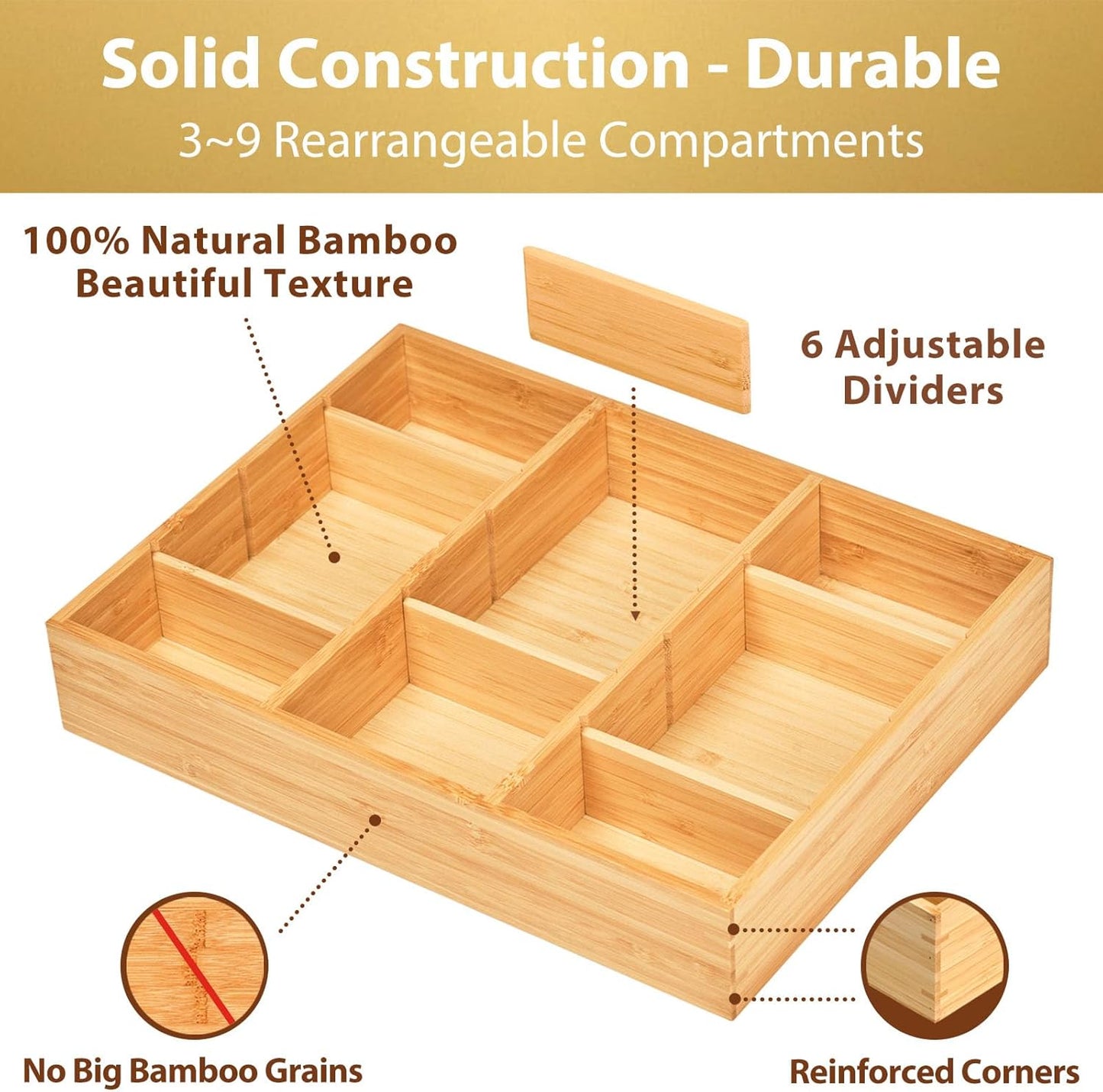 Umilife Bamboo Desk Drawer Organizer, Wood Junk Organizer Tray with Adjustable Dividers, Anti-Skip Storage Organization in Office Bathroom Drawer for Vanity, Makeup, 12" x 9"