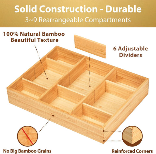 Umilife Bamboo Desk Drawer Organizer, Wood Junk Organizer Tray with Adjustable Dividers, Anti-Skip Storage Organization in Office Bathroom Drawer for Vanity, Makeup, 12" x 9"