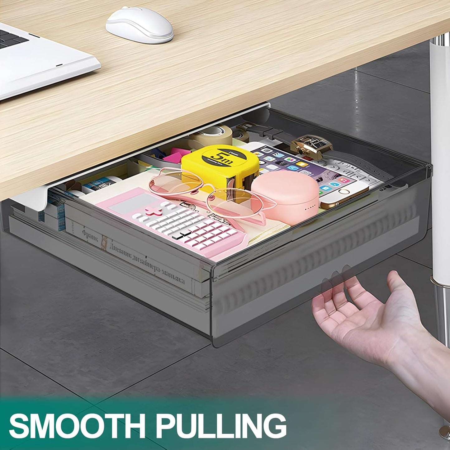 SVNNELP Under Desk Table Drawer Storage Organizer, Slide Out Drawer with 4 Compartments Divider,Pencil Storage Self-Adhesive Tray Under Table (M/Clear Black+White)