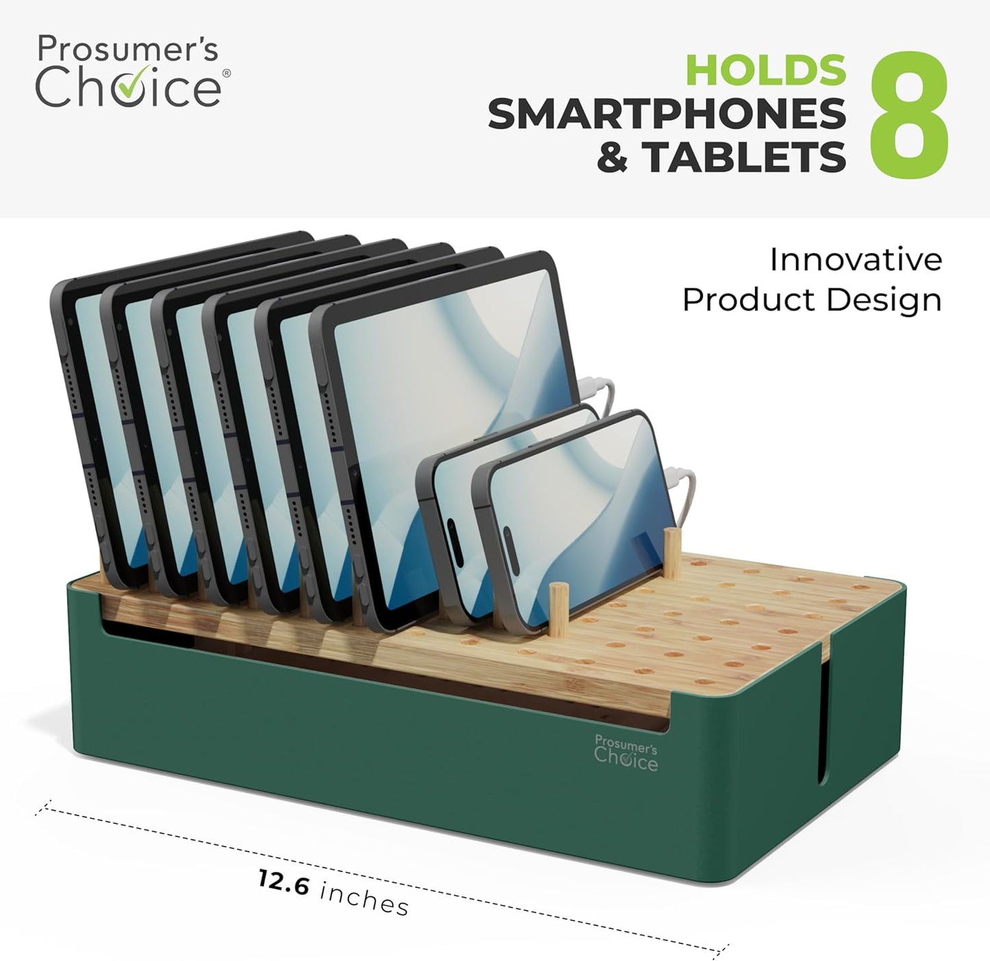 Prosumer's Choice Natural Bamboo Charging Station Rack for Smartphones and Tablets (Metal & Bamboo, Green)