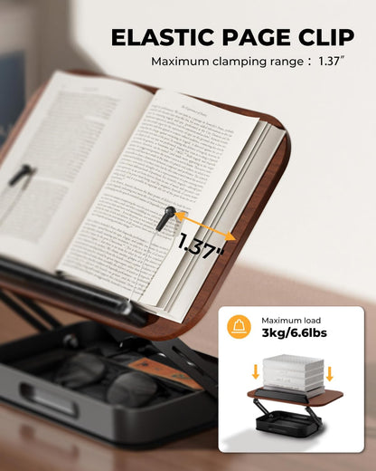 Adjustable Book Stand with Storage Drawer, 360° Rotating Book Holder, Height & Angle Adjustable, Extra-Wide Page Clips for Thick Books, Wood & Aluminum Book Stand for Desk, Study, Kitchen