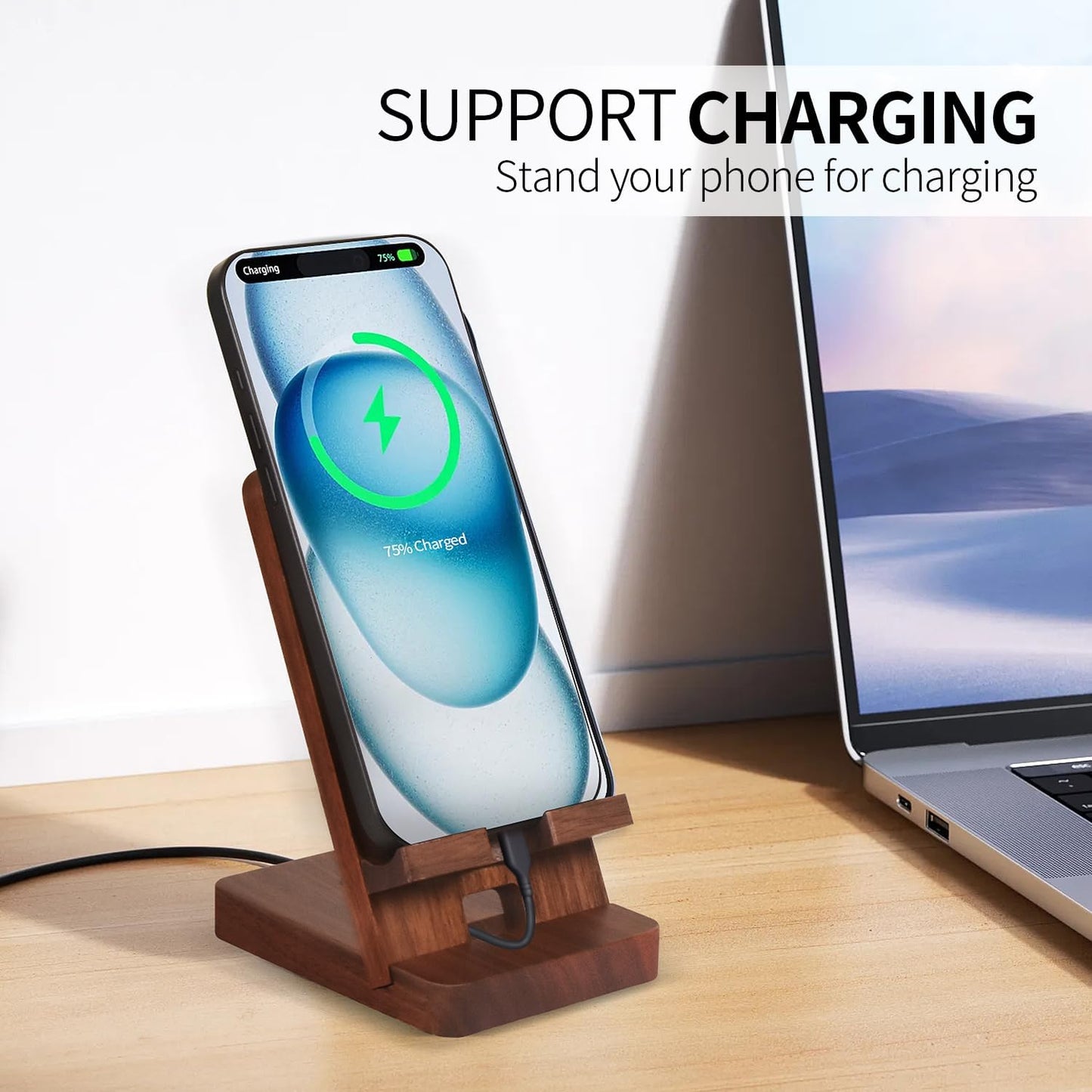 Wood Phone Stand, Desktop Wooden Phone Holder, Portable Office Phone Stand for Desk, Wood ipad Stand, Compatible with iPhone & All Cell Phones (Walnut)