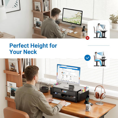 OPNICE Desk Organizer and Accessories, 2-Tier Computer Monitor Stand Riser with Drawer and 2 Pen Holders, Laptop Stand, Office Desk Accessories for Office Supplies, Black