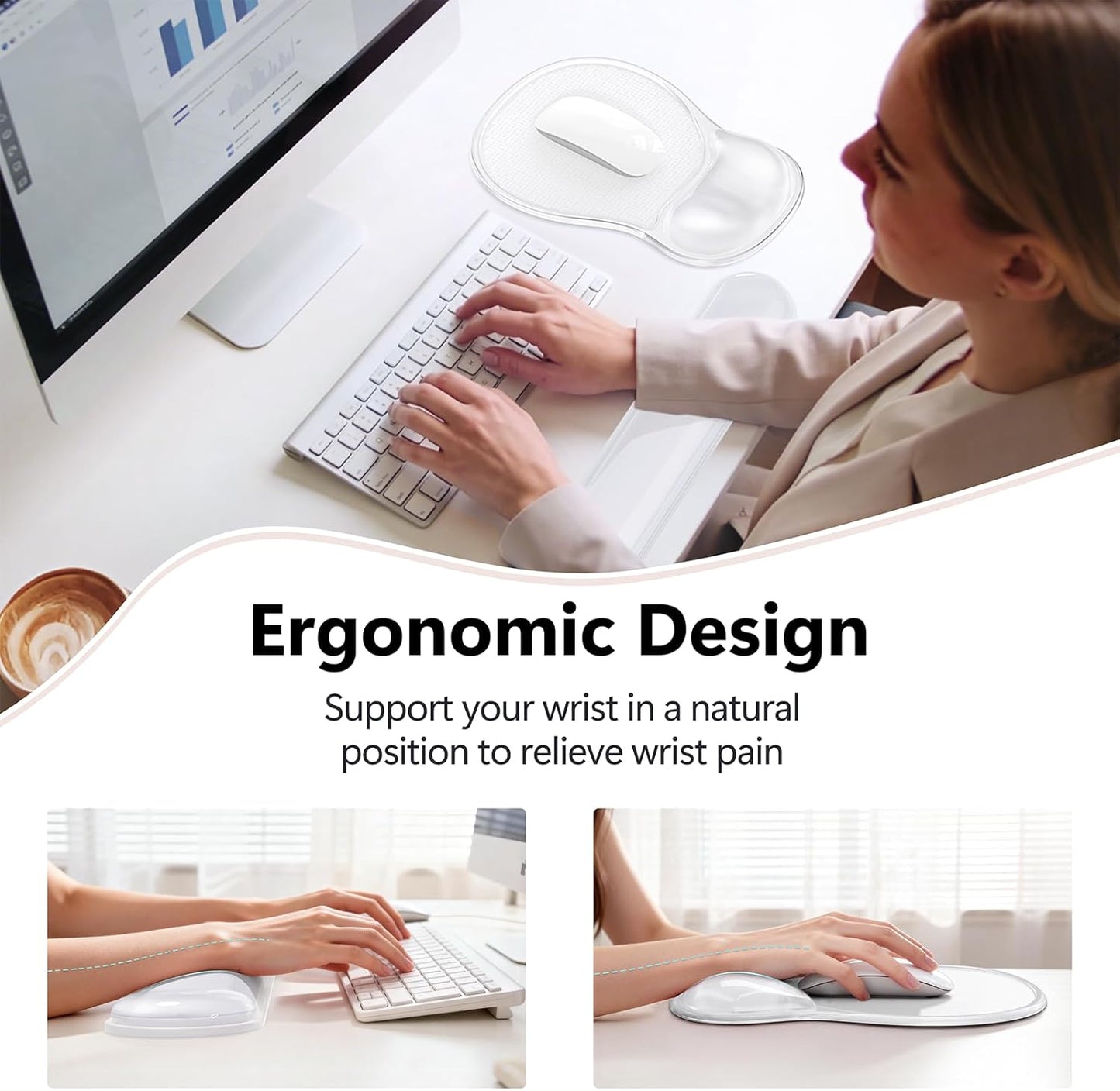 AKIT Ergonomic Mouse Pad and Keyboard Wrist Rest Set, Gel Memory Foam Wrist Rest with Non-Slip Base, 3-in-1 Mousepad Set for Pain Relief, Desk Accessories for Gaming, Home, Office(Black)