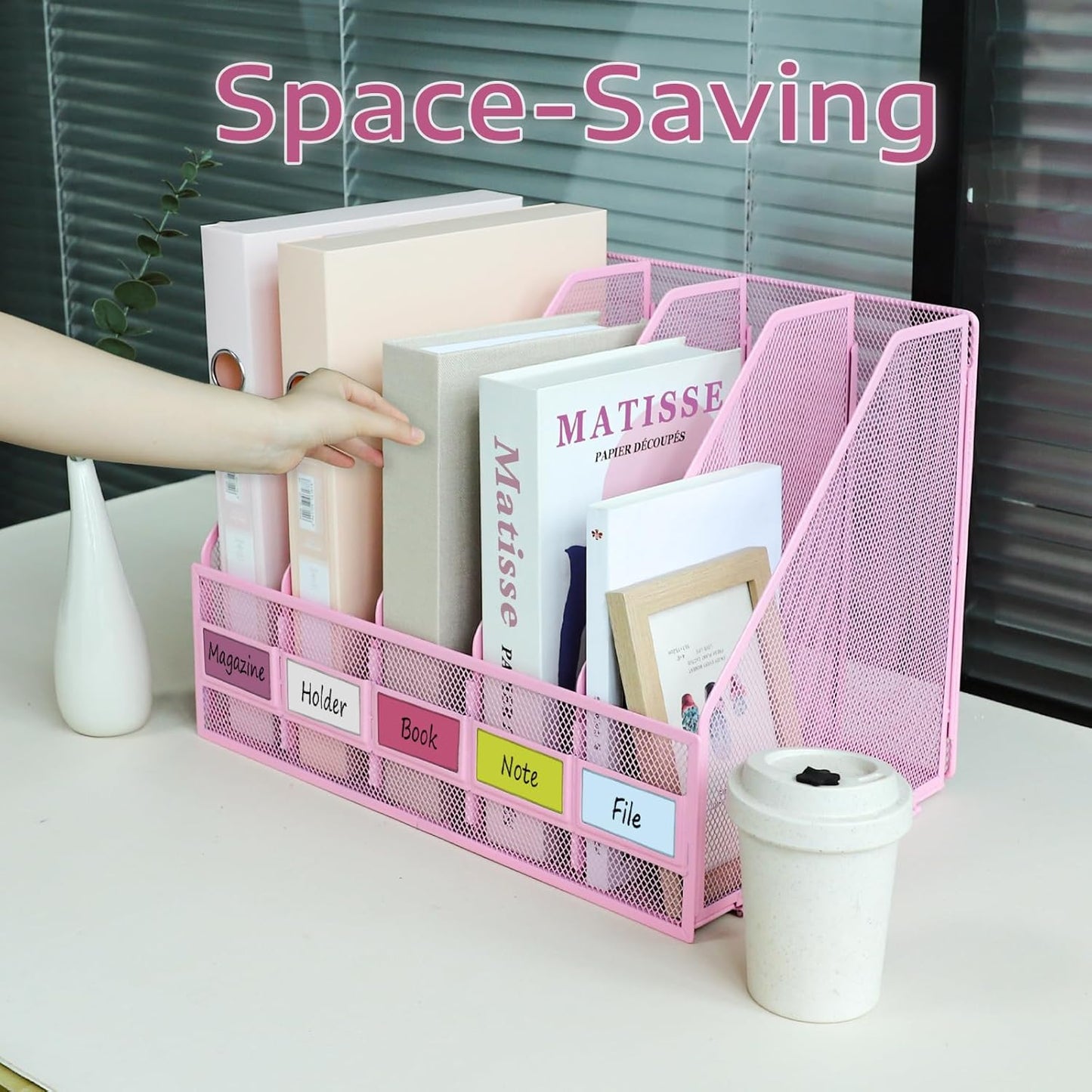 Desk Organizers, Metal Magazine File Holder with 5 Vertical Compartments Rack Binder File Organizer for Office Supplies, Home Workspace - Black