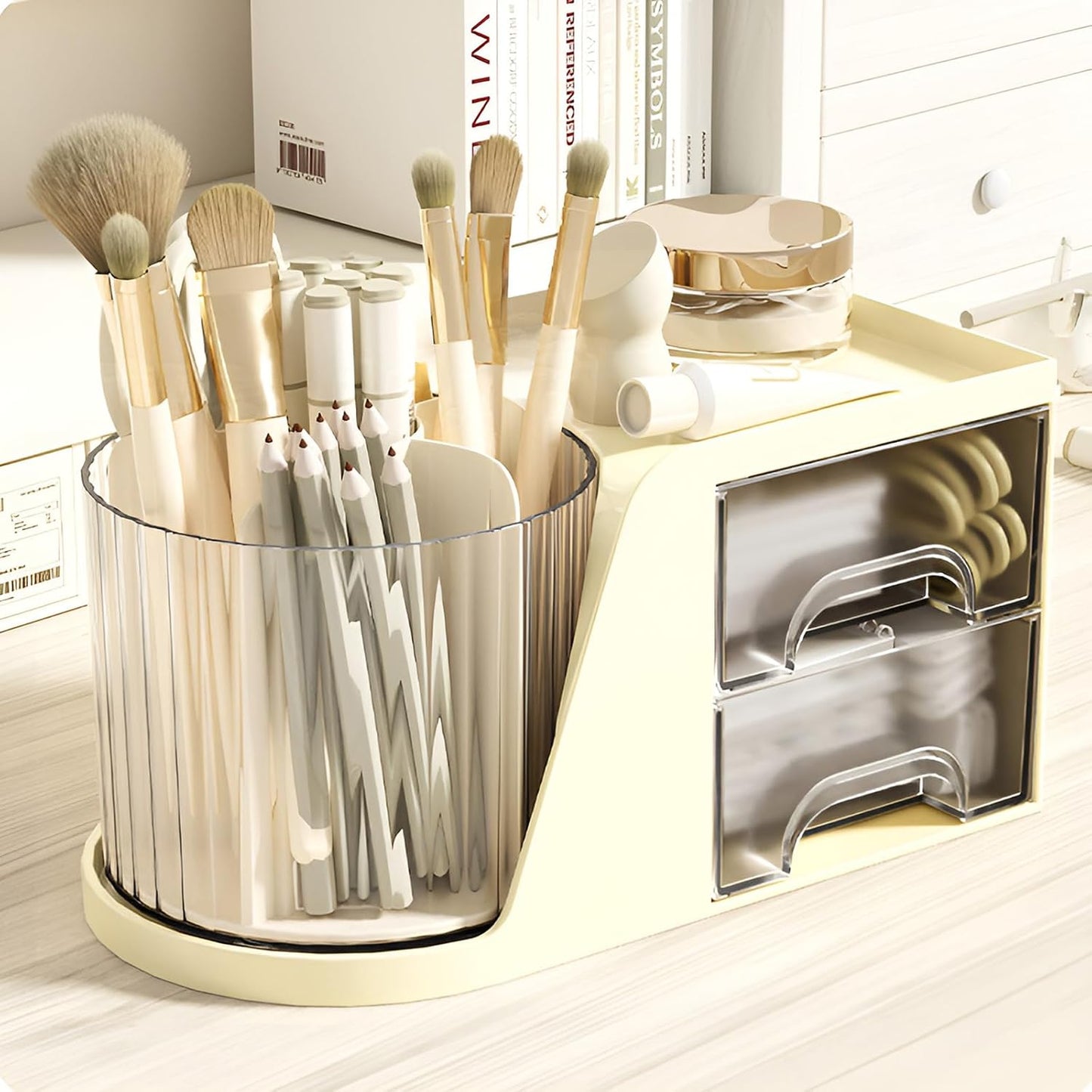 360 Degree Rotating Pencil Pen Holder for Desk , Cute Desk Pen Organizers Desktop Storage Stationery Supplies Cup Pot for Office School Home Art Supply Accessories Caddy Makeup Brush Holder White