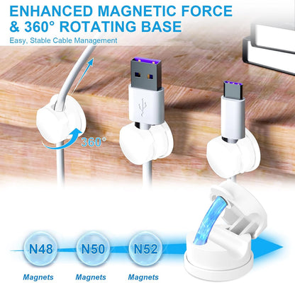 6pcs Magnetic Cable Clips, 360° Swiveling Adhesive Cable Organizer - Compact Cable Holder for Desk, Nightstand, Car, Kitchen & Home Office - Charger Cord Holder Solution by MarLigavid (White)