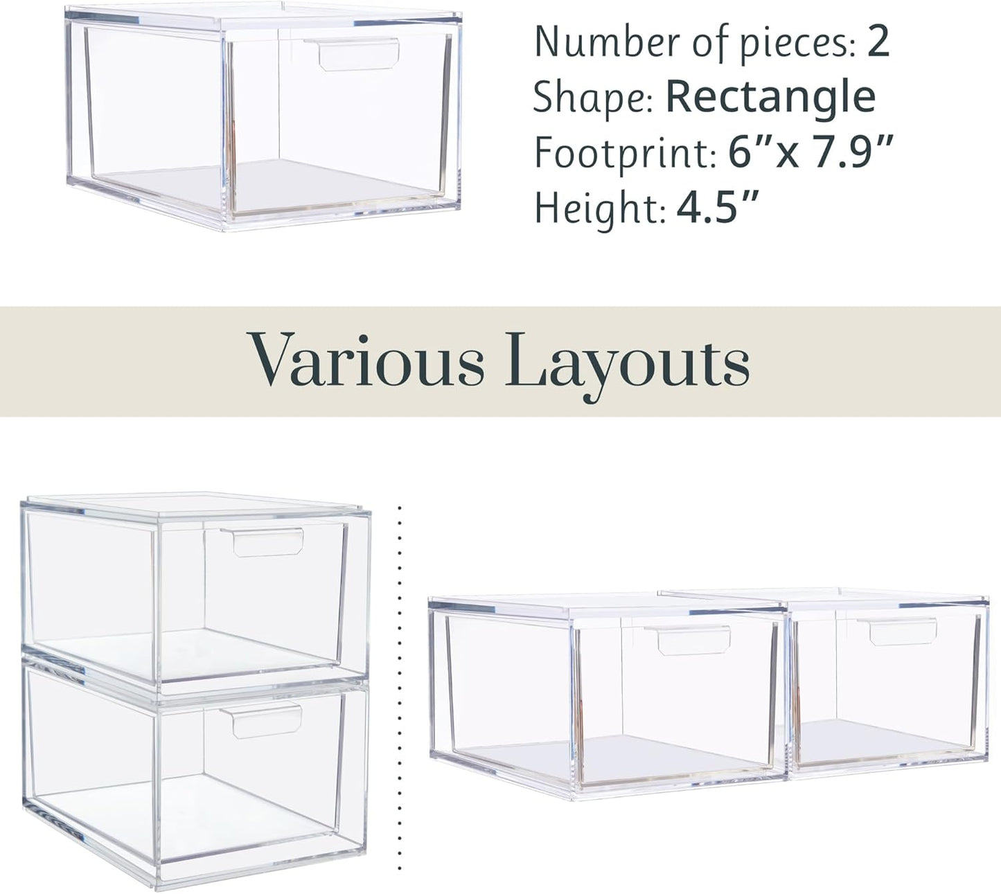 STORi Audrey Stackable Clear Bin Plastic Organizer Drawers | 2 Piece Set | Organize Cosmetics and Beauty Supplies on a Vanity | Made in USA
