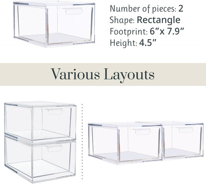 STORi Audrey Stackable Clear Bin Plastic Organizer Drawers | 2 Piece Set | Organize Cosmetics and Beauty Supplies on a Vanity | Made in USA