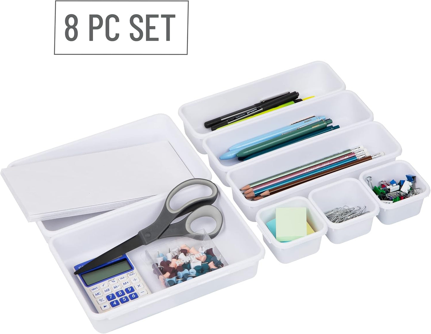 Mind Reader 8-Piece Drawer Organizer Set, Storage Trays for Kitchen, Bathroom, Office, Makeup, Jewelry & More, Junk Drawer Tray, Utensil Holder, Plastic, Clear