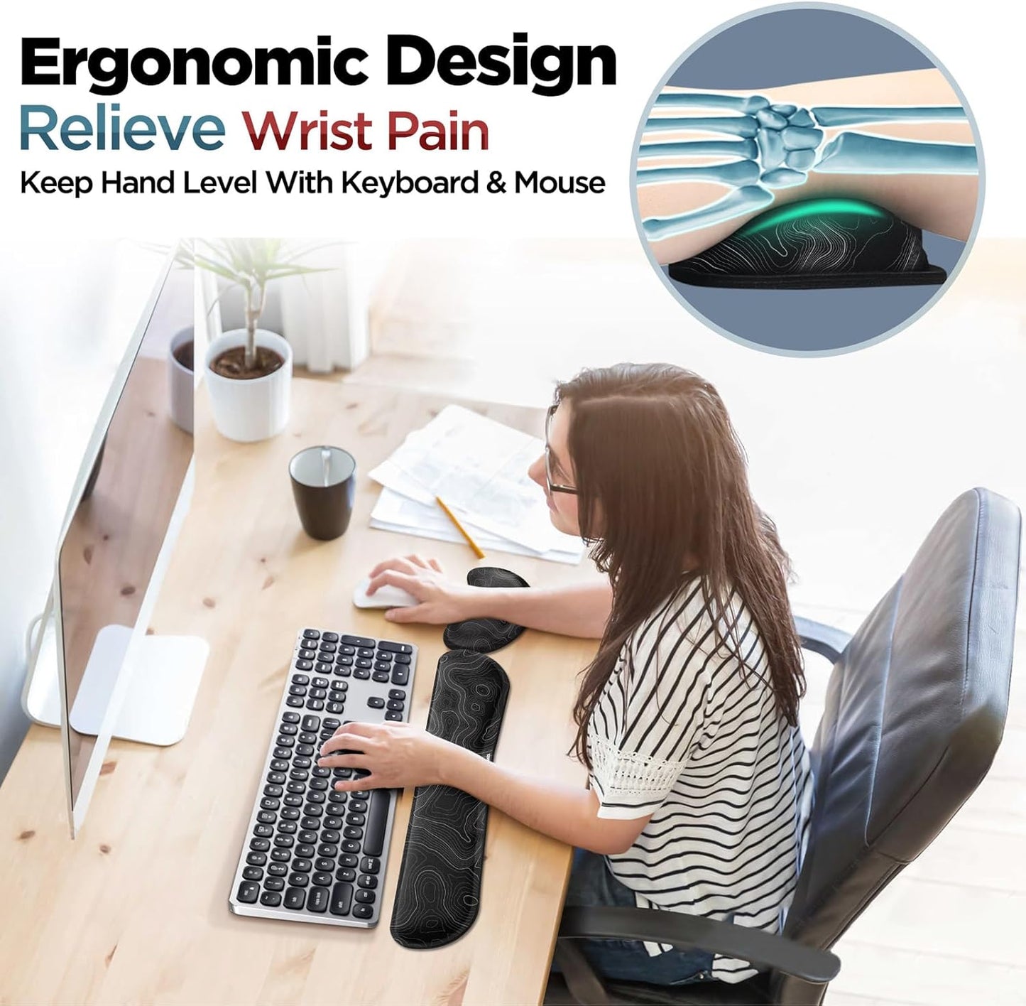 Gimars Upgrade Enlarge Silky and Superfine Fabric Gel Memory Foam Keyboard Wrist Rest Set, Ergonomic Keyboard Mouse Wrist Support for Typing Pain Relief, Comfort for Office, Gaming, Computer
