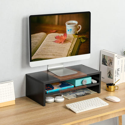 TEAMIX 2 Tiers Wooden Desktop Monitor Stand Riser 20 Inch Printer Stand with Double Storage Small TV Riser Laptop Keyboard Holder Business Desk Organizer Shelf Black Bookshelf